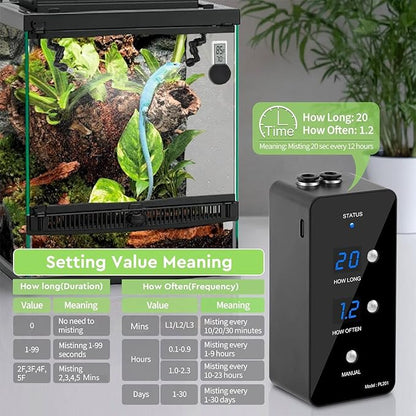 Moistenland Reptile Humidifier, Misting System for Reptile Terrariums, Automatic Misting System with Adjustable Spray Nozzles, Black Moistenland