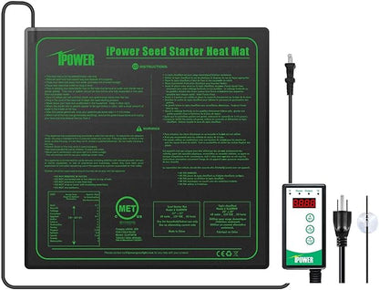 iPower 40-108 Degrees Fahrenheit Digital Heat Mat Thermostat Controller and 20" x 20" Hydroponic Seeding Warm Pad Plant Starting Kit Combo iPower