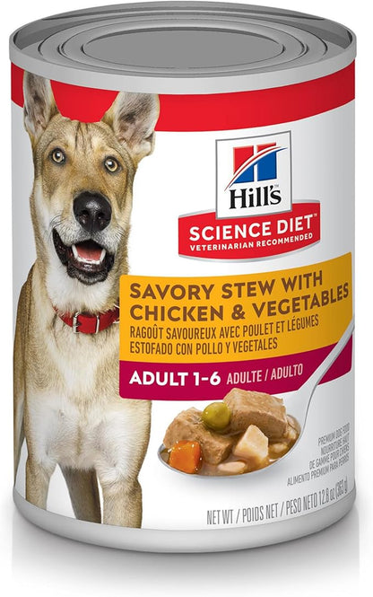 Hill's Science Diet Adult 1-6, Adult 1-6 Premium Nutrition, Wet Dog Food, Chicken & Vegetables Stew, 12.8 oz Can, Case of 12 - PAWPICO