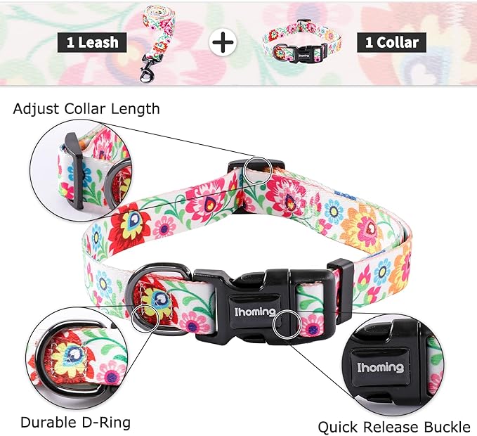 Ihoming Dog Collar and Leash Set for Daily Outdoor Walking Running Training, White Colorful Flowers Design for Large Boys Girls Dogs Cats Pets, L-Up to 80LBS Ihoming