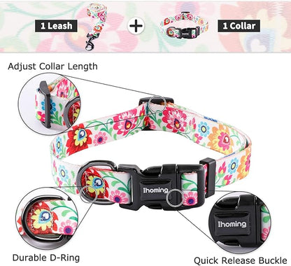 Ihoming Dog Collar and Leash Set for Daily Outdoor Walking Running Training, White Colorful Flowers Design for Large Boys Girls Dogs Cats Pets, L-Up to 80LBS Ihoming