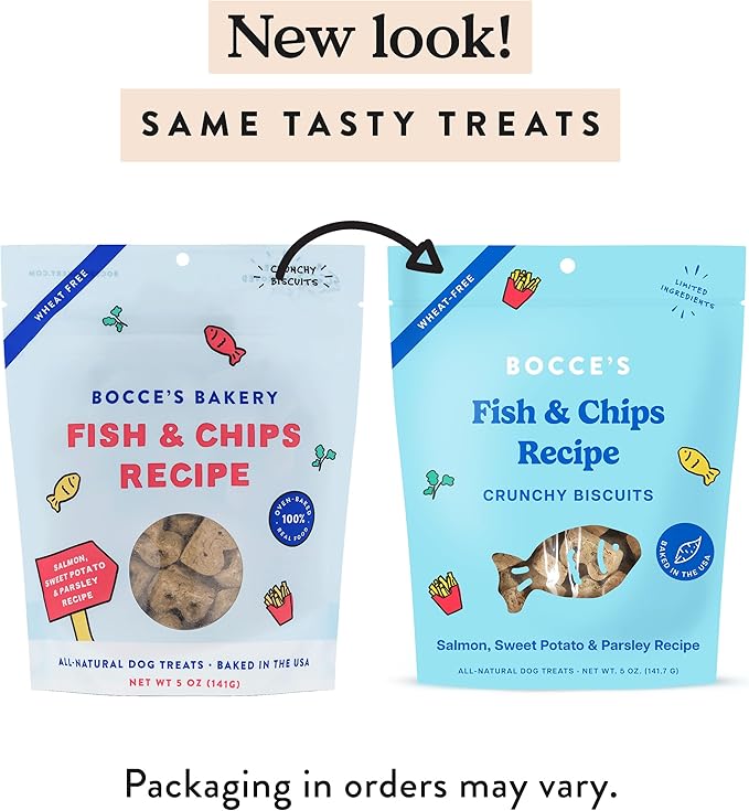 Bocce's Bakery Fish & Chips Treats for Dogs - Special Edition Wheat-Free Dog Treats, Made with Real Ingredients, Baked in The USA, All-Natural Salmon & Sweet Potato Biscuits, 5 oz - PAWPICO