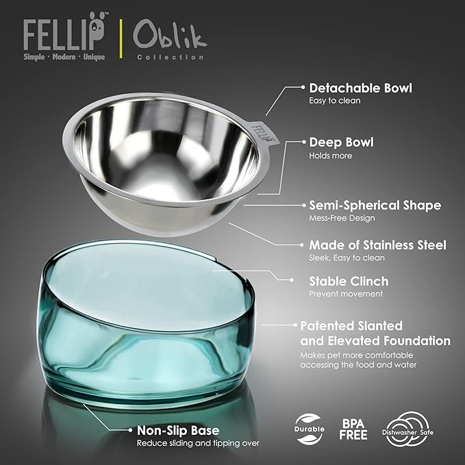 Felli Pet Oblik Spill Proof Dog Food Bowl Raised with Acrylic Cone, Slanted Stainless Steel Oval Dish Pet Friendly Design, Angled Metal Feeder Elevated Non Slip for Frenchie Bulldog (1.5Cup, Classic) - PAWPICO