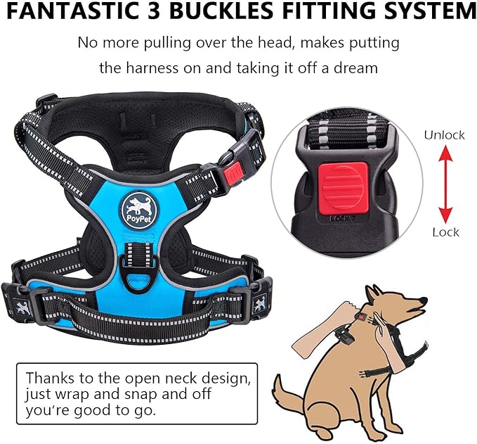 PoyPet Dog Harness No Pull, Reflective Adjustable No Choke Pet Vest with Front & Back Clips, Soft Padded and Control Training Handle for Large Dogs(Blue,XL) PoyPet