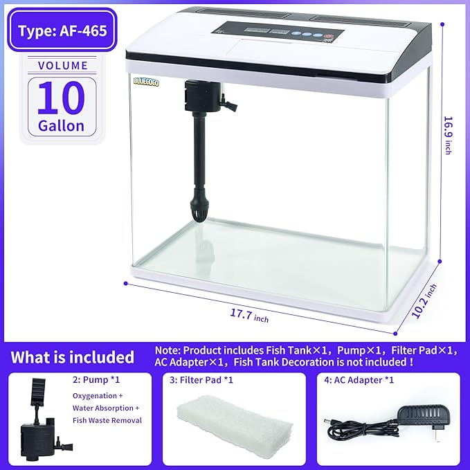 Glass 10 Gallon Aquarium Fish Tank Starter Kit with Temperature and Time Display for Betta Fish Featuring Crystal Clear 360° Viewing, Eco-Cycle Filtration, Air Pump Bluecoco