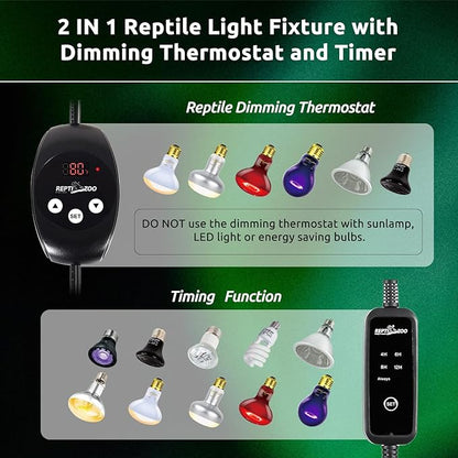 REPTIZOO Dual Reptile Light Fixture with Dimming Thermostat and Timer, Deep Dome Lamp Fixture with Independent Reptile Dimming Thermostat Heat Bulb Temperature Controller and Timing Function REPTIZOO