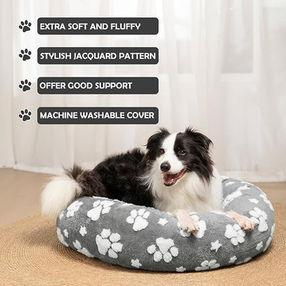 Donut Dog Beds for Small Dogs, Calming Round Cat Beds for Indoor Cats, Cute 3D Textured Paw Pet Bed with Removable Washable Cover and Anti-Slip Bottom（Grey，23"） - PAWPICO