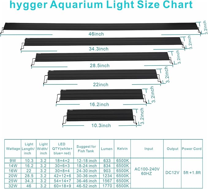 hygger 32W Full Spectrum Aquarium Light with Aluminum Alloy Shell Extendable Brackets, White Blue Red LEDs, External Controller, for Freshwater Fish Tank (46-52 inch) hygger
