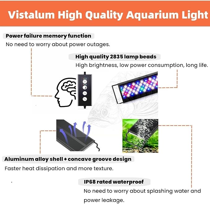 led Aquarium Light,Sunrise/Daylight/Moonlight, DIY Mode, Adjustable Timer/Color Temperature/Brightness, Full Spectrum, Aluminum Alloy Fish Tank Light for 12-54 inch VISTALUM