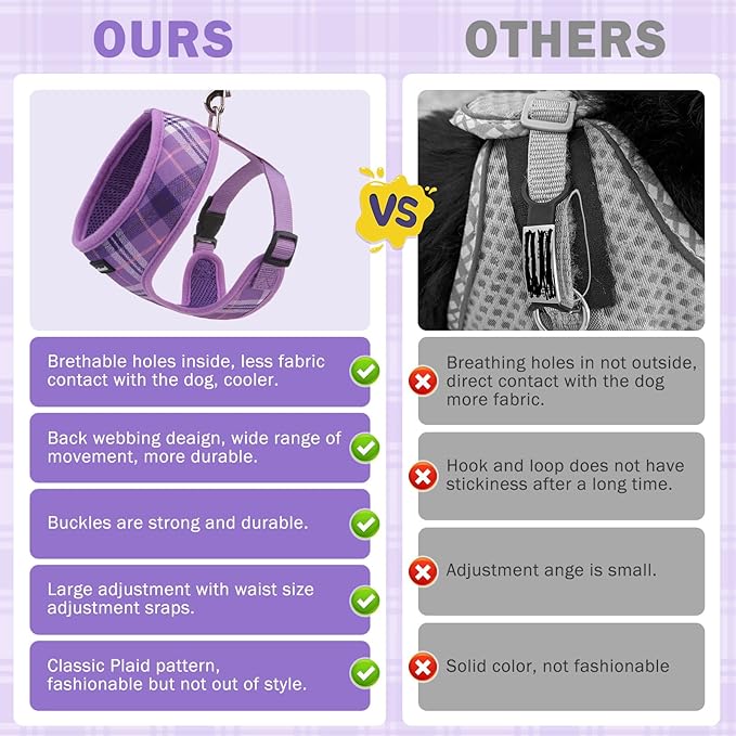 SCENEREAL No Pull Dog Harness Collar and Leash Set Small Medium Sized Dog, Soft Mesh Step in Puppy Harnesses, No Chock Plaid Adjustible Pet Vest for Outdoor Walking Training and Running, Purple XS SCENEREAL