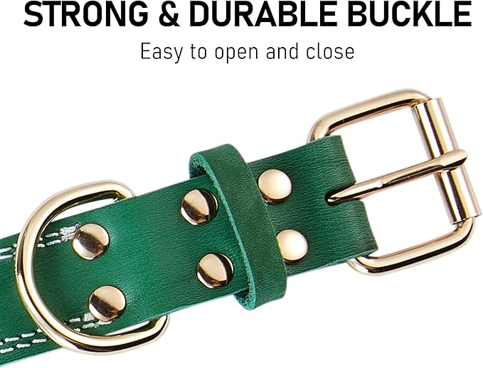 Genuine Leather Dog Collar, Heavy Duty Dog Collar, Wide Dog Collar for Small Dog, Medium Dog, Large Dog and Extra Large Dog (S: 0.8" Wide for 13.4"-15.8" Neck, Dual Stitch - Green) DAIHAQIKO