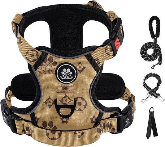 IVY&LANE No Pull Dog Harness with Leash Set, Reflective No Choke Pet Vest,Adjustable Oxford Dog Vest Harness with Easy Control Handle for Large Dogs (Light Brown,L) IVYLANE