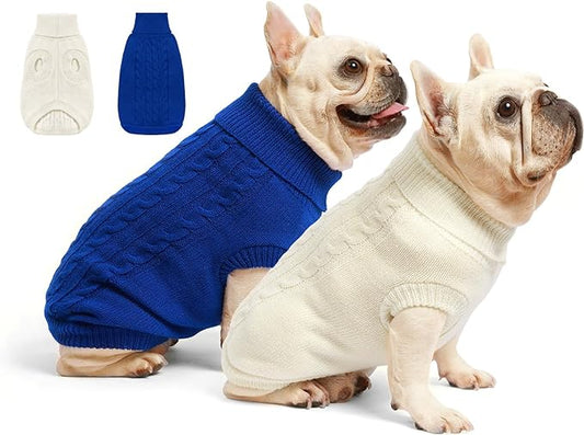 2 Pack Dog Sweaters for Small Dogs - Puppy Medium Warm Clothes in Winter, Turtleneck Pullover Design for Boy Girl Pet, Doggie, Cat, Kitten Chihuahua Bulldog Pug Beagles (XS, Blue, Beige) - PAWPICO