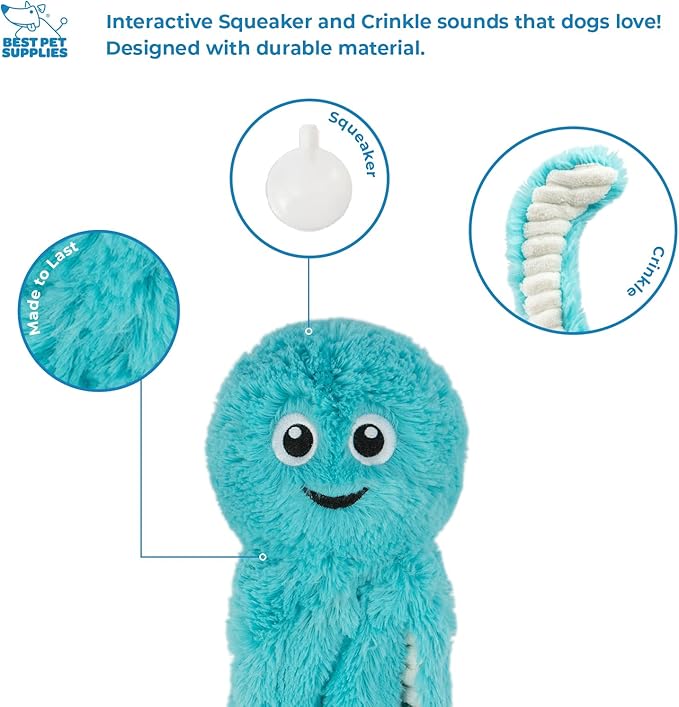 Best Pet Supplies OctoMutant Crinkle Plush Dog Toys for Interactive Play, Puppy and Senior Indoor Play, Colorful Octopus Toy Shape, Soft Head Stuffing, Cute and Cuddly - Turquoise - PAWPICO