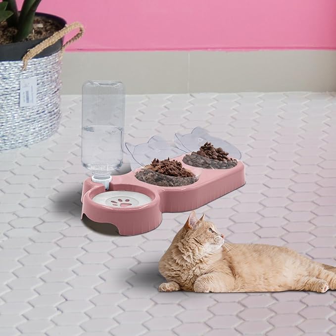 Triple Cat Bowls,15°Tilt 3-in-1 Water Feeder Bowls Cat Double Food Bowls with Automatic Water Bottle Bowl, Whisker Friendly Wet and Dry Cat Elevated Feeding Dishes for Small Cat and Puppy (Pink) - PAWPICO