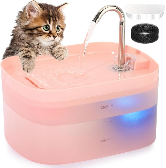Cat Water Fountain, 84OZ/2.5L Cat Fountain, Super Silent Pet Water Fountain, Activated Carbon Filter, Translucent Pet Water Dispenser Suitable for Multiple Pets Family (Pink) - PAWPICO