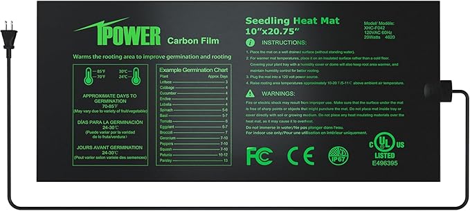 iPower Durable Waterproof Seedling Heat Mat 10"x20.75", Warm Hydroponic Heating Pad for Germination, Indoor Gardening, Greenhouse iPower
