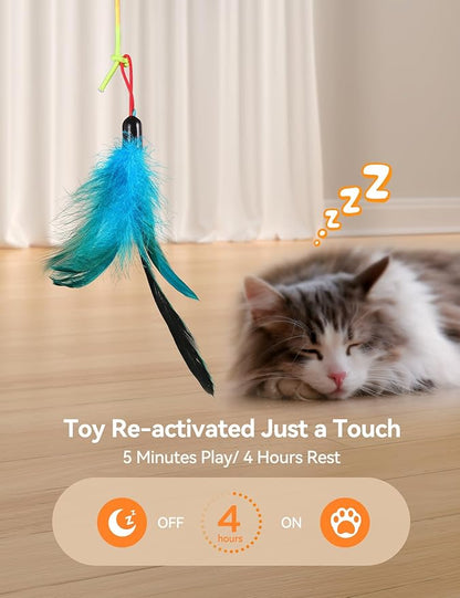 Interactive Cat Toys LED Light Hanging Cat Toys for Indoor Cats, Cat Wand Toy Cat Feather Toy, Feather & Mouse Cat Toys for Bored Adult Cats Kitten Exercise, White - PAWPICO