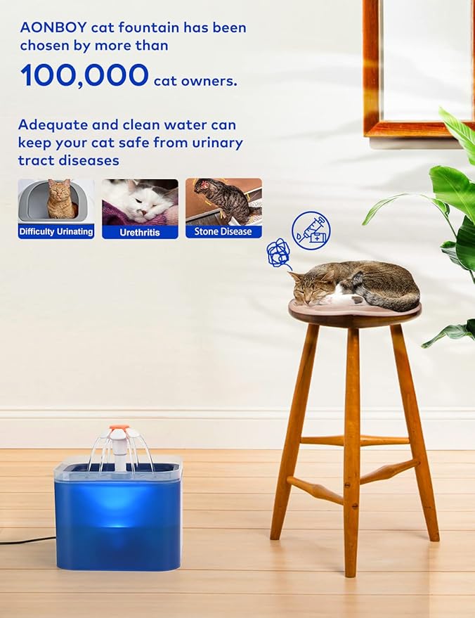 Cat Water Fountain Blue Flower: Cat Fountain Cute - 67oz/2L Small Pet Water Fountain - Water Bubbler for Pets -Pet Water Fountains for Cats Indoor -AONBOY Pet Fountain for Kitten&Kitty& Small Dogs - PAWPICO