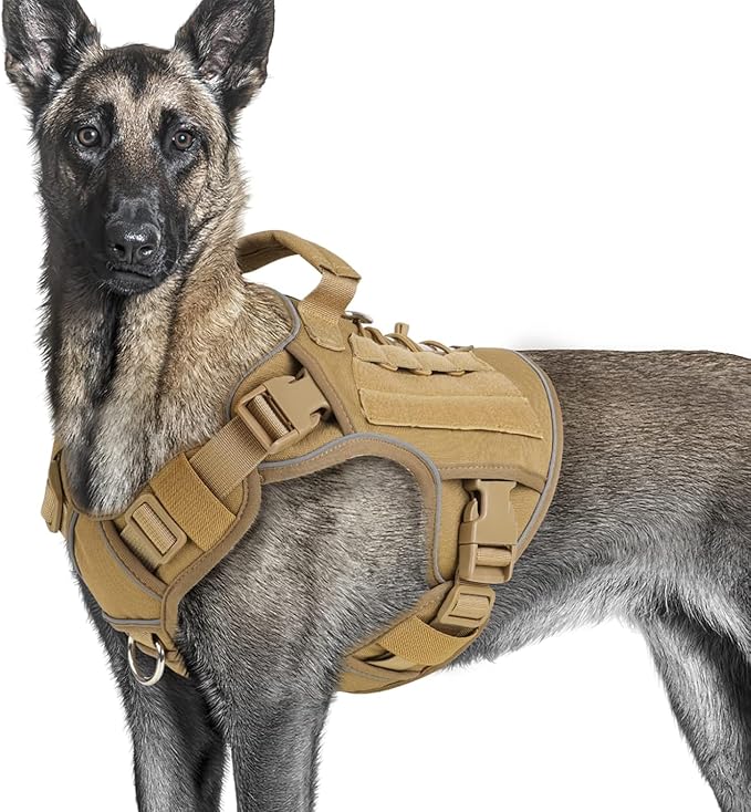 WINGOIN Tactical Dog Harness for Extra Large Dogs, Heavy Duty No Pull Dog Harness with Handle, Adjustable Reflective Military K9 German Shepherd Big Dog Vest for Training, Walking, Khaqi (XXL) WINGOIN