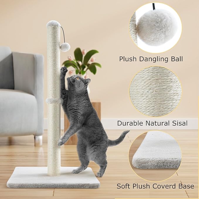 Dimaka 34" Tall Cat Scratching Post for Large Cats and Kittens, High Vertical Scratcher with Premium Natural Sisal Rope and Interactive Hanging Ball for Indoor Cats(Beige, 34 inches) - PAWPICO