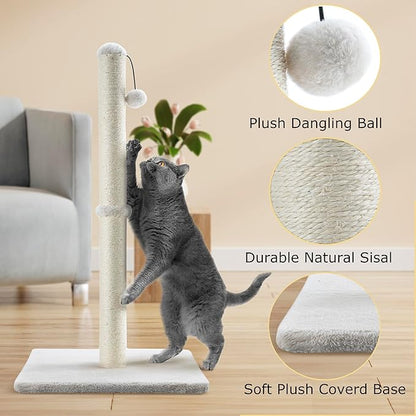 Dimaka 34" Tall Cat Scratching Post for Large Cats and Kittens, High Vertical Scratcher with Premium Natural Sisal Rope and Interactive Hanging Ball for Indoor Cats(Beige, 34 inches) - PAWPICO