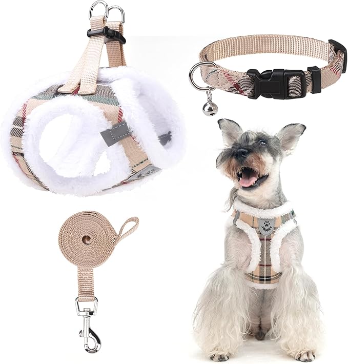EXPAWLORER Fleece Lined Step-in Dog Harness - Soft Plush Padded Puppy Harness and Leash Set with Adjustable Dog Collar, No Pull Escape Proof Suede Dog Vest Harness for Small Dogs, Khaki S EXPAWLORER