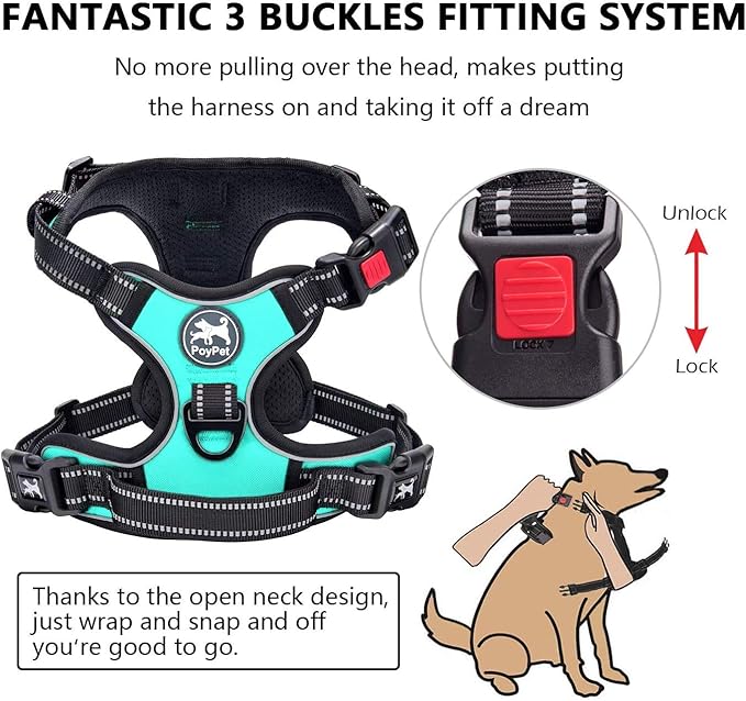 PoyPet No Pull Dog Harness, No Choke Front Clip Dog Reflective Harness, Adjustable Soft Padded Pet Vest with Easy Control Handle for Small to Large Dogs(Mint Blue,L) PoyPet