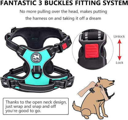 PoyPet No Pull Dog Harness, No Choke Front Lead Dog Reflective Harness, Adjustable Soft Padded Pet Vest with Easy Control Handle for Small to Large Dogs(Mint Blue,XS) PoyPet