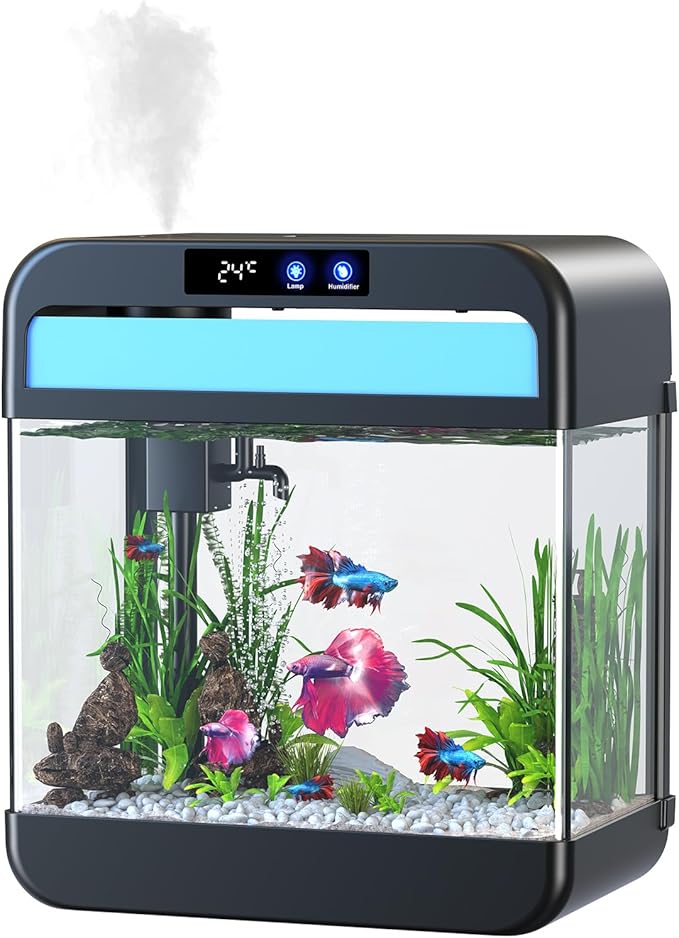 Fish Tank Small Aquarium 2.2 Gal Fish Bowl with Humidifier 7 Color Auto-Looping Light 3 in 1 Quiet Pump with Filteration & Oxygenation & Circulation, Temperature Display, HD Glass, Thickened Base Focusonhomelifeandhealth