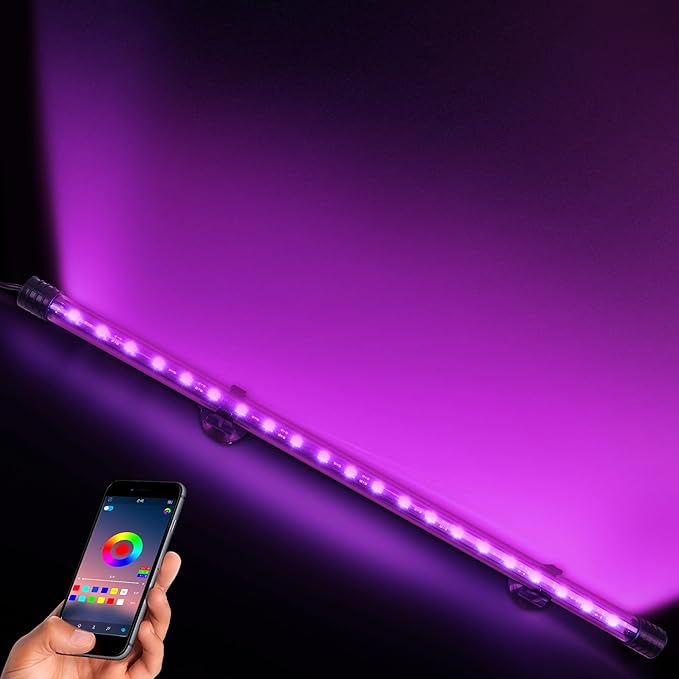 Smart App-Controlled RGB LED Aquarium Light with 16 Million Colors & 12 Dynamic Effects, Underwater Fish Tank Light with Timer, Submersible LED Lights with Adjustable Brightness and Speed - 19'' POZANKI