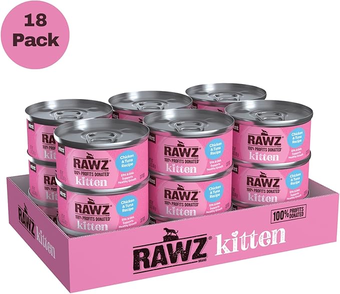 Rawz Natural Premium Pate Canned Kitten Wet Food - Made with Real Meat Ingredients No BPA or Gums -2.8 oz Cans (Case Pack of 18) (Chicken & Tuna) - PAWPICO