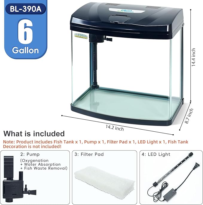 6 Gallon Glass Aquarium Starter Kit with Flip-Top Feeding Port for Betta Fish: Crystal Clear Viewing, Eco-Cycle Filtration, Air Pump, and LED Lighting Bluecoco