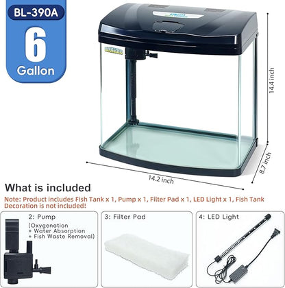 6 Gallon Glass Aquarium Starter Kit with Flip-Top Feeding Port for Betta Fish: Crystal Clear Viewing, Eco-Cycle Filtration, Air Pump, and LED Lighting Bluecoco