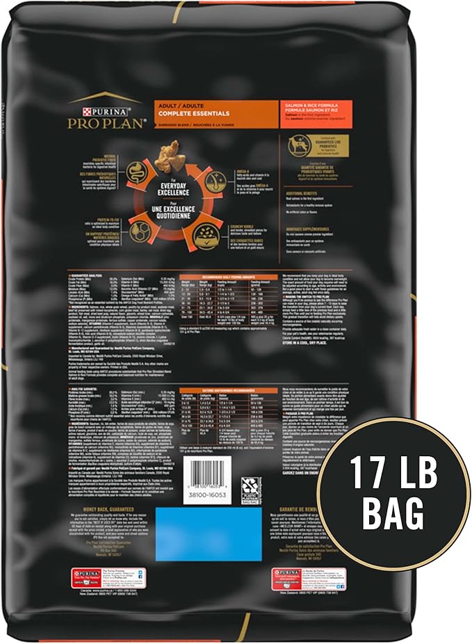 Purina Pro Plan High Protein Dog Food With Probiotics for Dogs, Shredded Blend Salmon & Rice Formula - 17 lb. Bag - PAWPICO