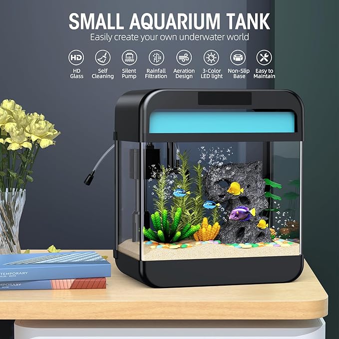 Fish Tank Aquarium 2.2 Gallon with Adjustable 3 Color Lighting Self Cleaning 3 in 1 Pump with Filteration, Oxygenation, Water Circulation Triple Function, HD Float Glass, Leak-Proof Thickened Base Focusonhomelifeandhealth