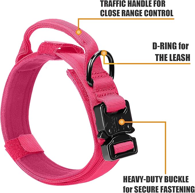 Tactical Dog Collar and Bungee Leash,Military Dog Collar & Leash Set with USA American Flag Adjustable K9 Collar with Heavy Duty Metal Buckle & Handle,with Patches and Airtags Case (Pink(1PCS), XL) Celifelight