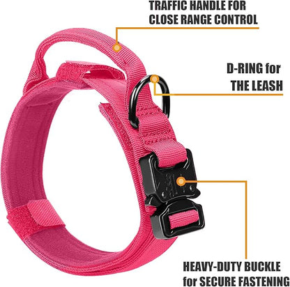 Tactical Dog Collar and Bungee Leash,Military Dog Collar & Leash Set with USA American Flag Adjustable K9 Collar with Heavy Duty Metal Buckle & Handle,with Patches and Airtags Case (Pink(1PCS), XL) Celifelight