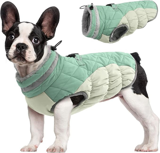 FUAMEY Dog Winter Jacket,Dog Cold Weather Coats Paded Dog Vest with Harness Built in Pet Warm Clothes Dog Apparel with Back Zipper Dog Water Resistant Coat for Small Medium Large Dogs Mint Green S - PAWPICO
