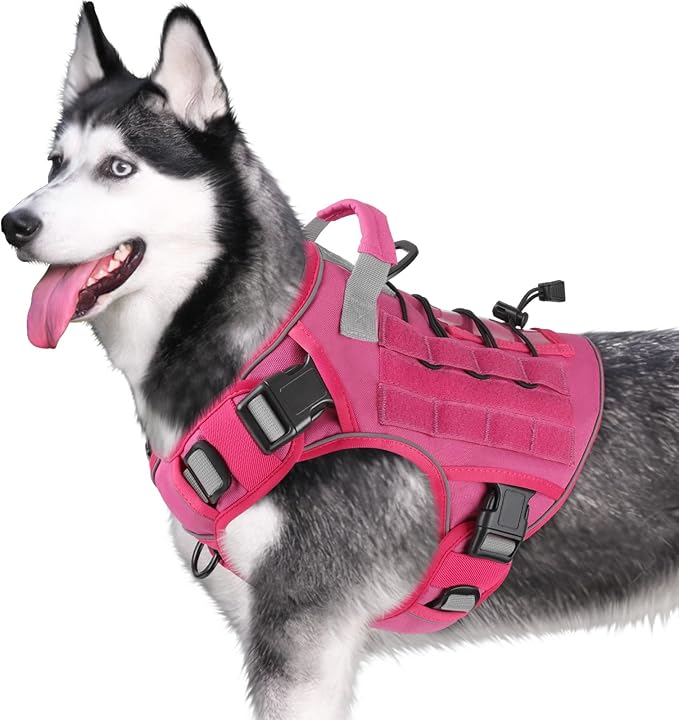 WINGOIN Tactical Dog Harness for Extra Large Dogs, Heavy Duty No Pull Dog Harness with Handle, Adjustable Reflective Military K9 German Shepherd Big Dog Vest for Training, Walking, Pink (XXL) WINGOIN