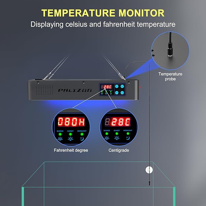 Phlizon Timer Control Dimmable 165W LED Aquarium Light with Temperature Monitor Full Spectrum Fish Tank Light for Grow Coral Reef Marine Fish Tank LPS/SPS Phlizon