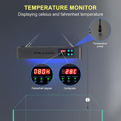 Phlizon Timer Control Dimmable 165W LED Aquarium Light with Temperature Monitor Full Spectrum Fish Tank Light for Grow Coral Reef Marine Fish Tank LPS/SPS Phlizon