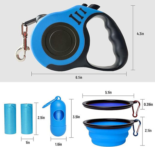 Retractable Dog Leash Automatic Telescopic Tractor Dog Tape, Pet Tape 10/16 FT Durable and Convenient, with Folding Bowl, Dispenser, Rubbish Bags, Suitable for Small and Medium Dogs LIEVUIKEN