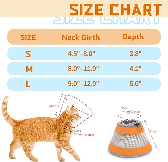 Cat Cone, Breathable Cat Cone Collar Soft, Adjustable Cat Cone to Stop Licking, Water Resistant Neck Cone for Cats with Air Mesh, Protective Cat Recovery E Collar for Cat Kitten（Orange, M-3 GoGoPaw