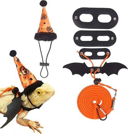 ADOGGYGO Halloween Bearded Dragon Lizard Leash Harness Hat Set - Bearded Dragon Clothe Halloween Pumpkin Hat + 3 Pack Reptile Harness Leash for Bearded Dragon Lizard Reptile (Halloween) ADOGGYGO
