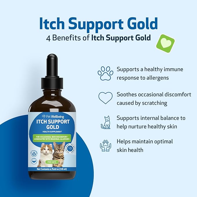 Pet Wellbeing Itch Support Gold for Cats - Occasional Itching, Scratching, and Hot Spots, Environmental and Seasonal Allergies, Dong Quai - Veterinarian-Formulated Herbal Supplement 4 oz (118 ml) PetWellbeing