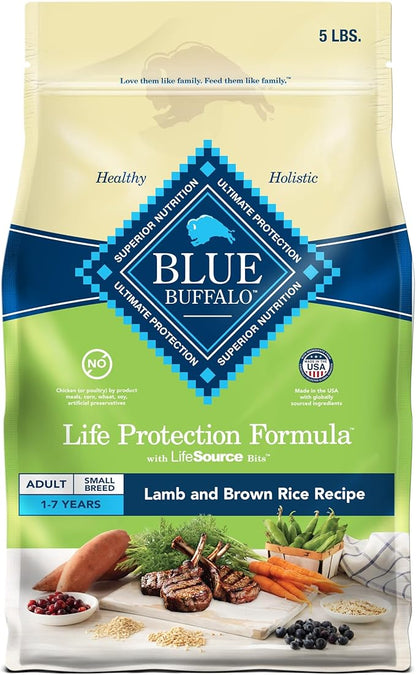 Blue Buffalo Life Protection Formula Adult Small Breed Dry Dog Food, Supports High Energy Needs, Made with Natural Ingredients, Lamb & Brown Rice Recipe, 5-lb. Bag - PAWPICO
