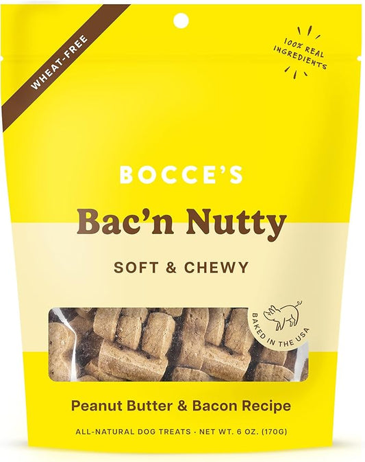 Bocce's Bakery Bac'n Nutty Soft & Chewy Dog Treats, Wheat-Free PB & Bacon Flavored All Natural Limited Ingredient Oven Baked Cookies for Dogs, 6 oz Bag - PAWPICO