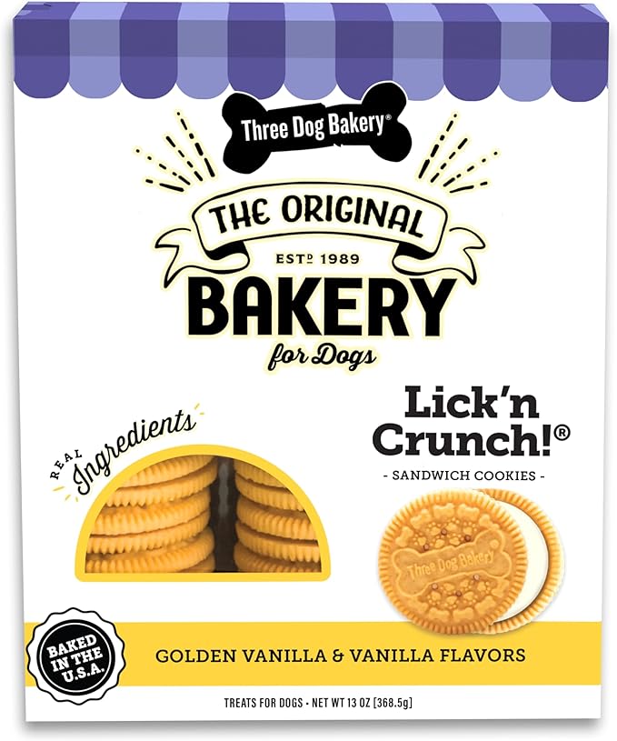 Three Dog Bakery Lick'n Crunch Sandwich Cookies Premium Dog Treats with No Artificial Flavors, Golden & Vanilla Flavor, 13 Ounces - PAWPICO