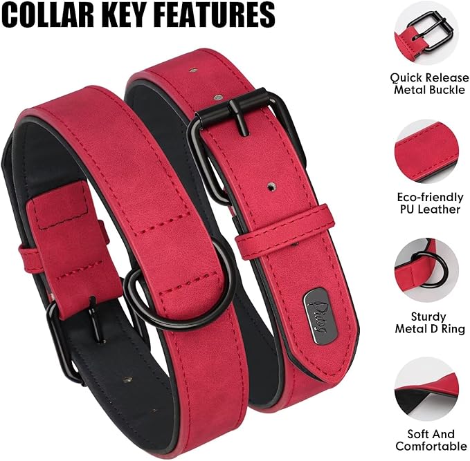Didog Soft Padded Leather Dog Collar, Breathable Heavy Duty Dog Collar Leather with Adjustable Rust-Proof Metal Buckle for Small Medium Large Dogs, Red Dog Collar, S Didog